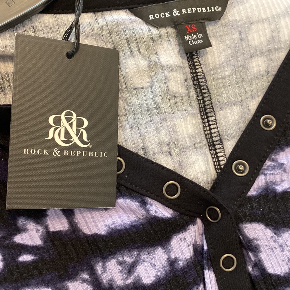 Rock & republic womens shirt tie-dye black purple snap button ribbed XS - Picture 7 of 16